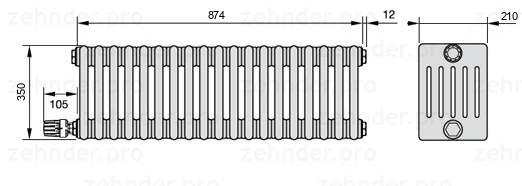 Схема (чертеж) Радиатор Zehnder Charleston 6035/19 №V003 Белый глянцевый RAL 9016